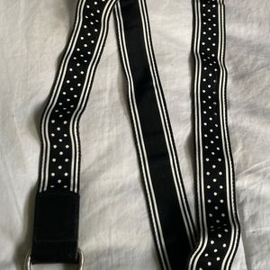 Reversible Women's D Ring Belt Black Leather & Grosgrain Stripes & Polka Dots